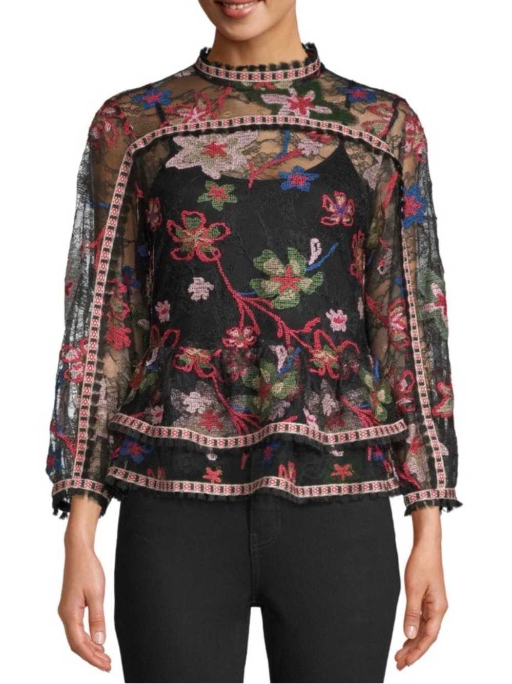 Anthropology Anna Sui Floral Embroidered Black Sheer Blouse - Multi